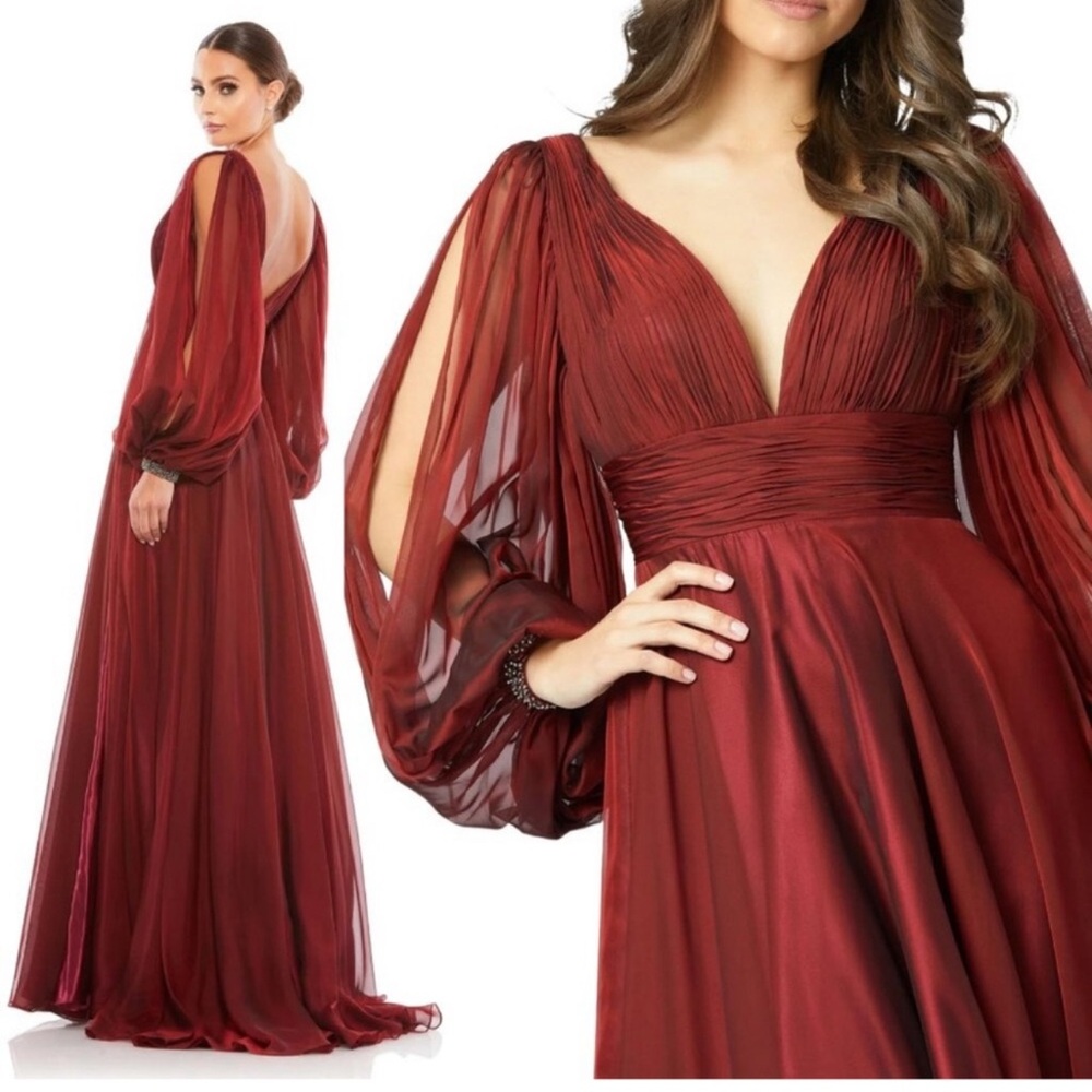 Mac Duggal Burgundy Long Sleeve Evening Dress